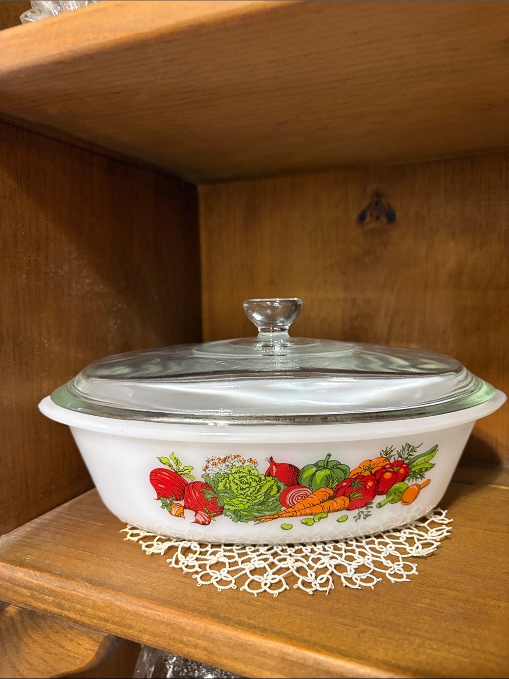 Vintage Glasbake Vegetable Medley Milkglass oval baking dish with glass lid 10x6